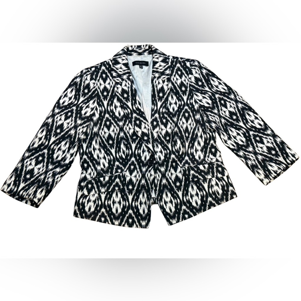 Talbots‎ Black Ivory Ikat Blazer Womens 10 Cotton Blend One Button Jacket